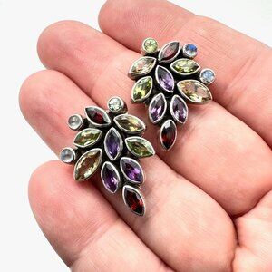 Vintage Nicky Butler Womens Earrings Multi Gemstone Sterling Silver Clip